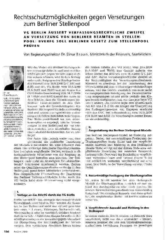 Vorschauseite 1: VG BERLIN ÄUSSERT VERFASSUNGSRECHTLICHE ZWEIFEL AN VERSETZUNG VON BERLINER BEAMTEN IN STELLENPOOL: BVERFG SOLL BERLINER GESETZ ZUM STELLENPOOL PRÜFEN