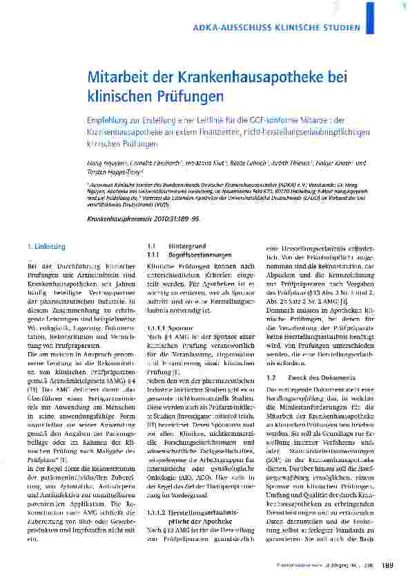Vorschauseite 1: Mitarbeit der Krankenhausapotheke bei klinischen Prüfungen