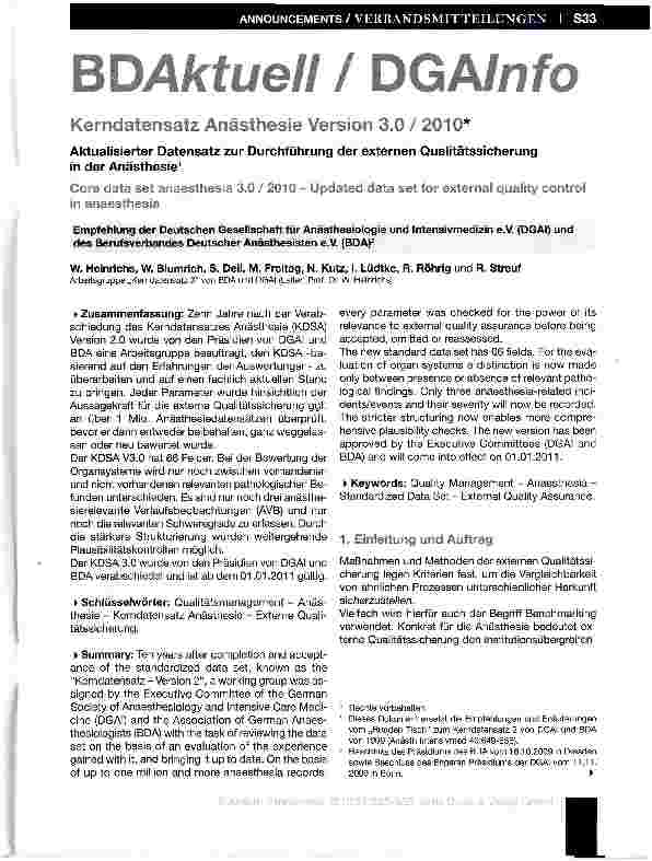 Vorschauseite 1: Aktualisierter Datensatz zur Durchführung der externen Qualitätssicherung in der Anästhesie