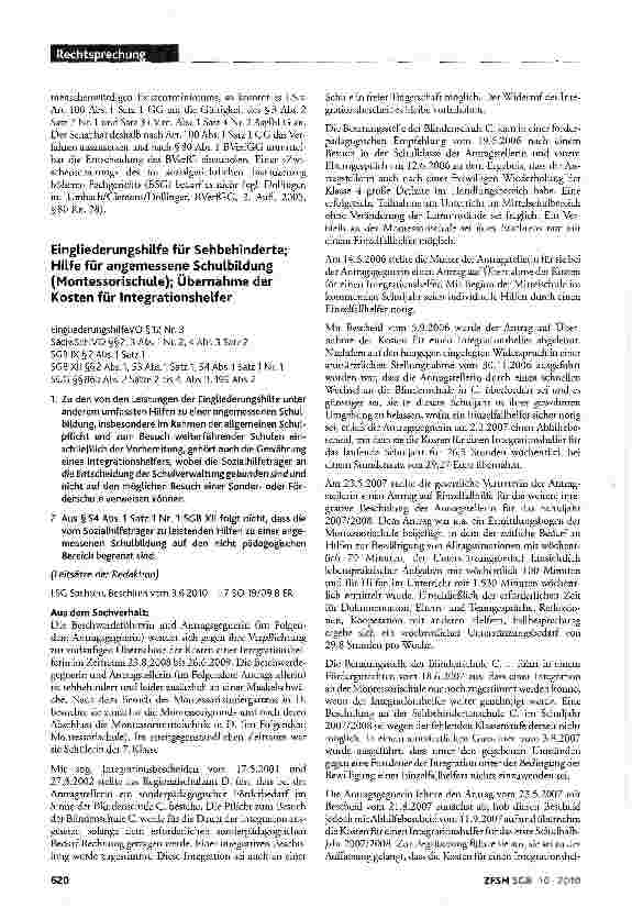Vorschauseite 1: Eingliederungshilfe für Sehbehinderte; Hilfe für angemessene Schulbildung (Montessorischule); Übernahme der Kosten für Integrationshelfer