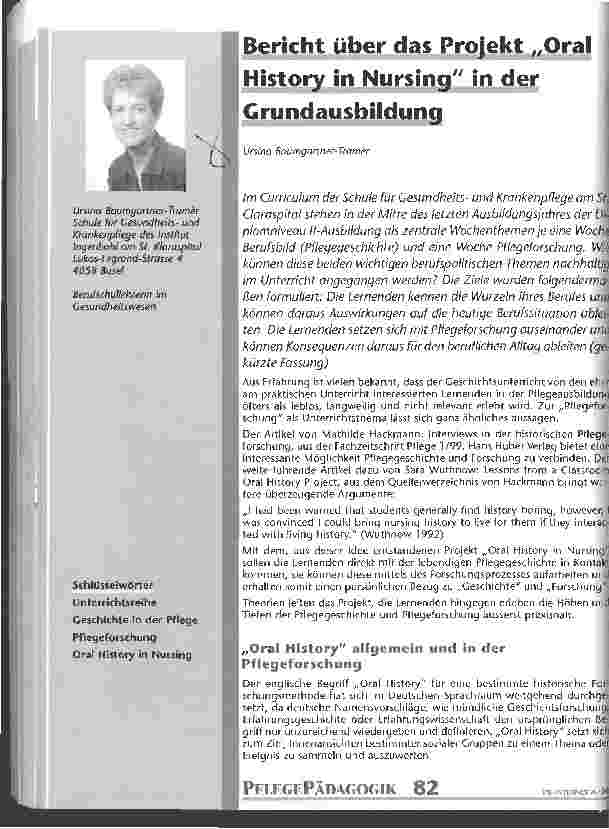 Vorschauseite 1: Bericht über das Projekt Oral History in Nursing in der Grundausbildung