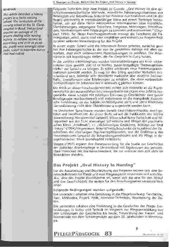 Vorschauseite 2: Bericht über das Projekt Oral History in Nursing in der Grundausbildung
