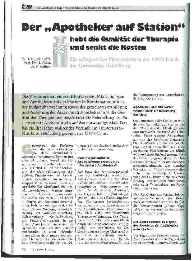 Vorschauseite 1: Der Apotheker auf Station hebt die Qualität der Therapie und senkt die Kosten Ein erfolgreiches Pilotprojekt in der HNO-Klinik der Universität Heidelberg