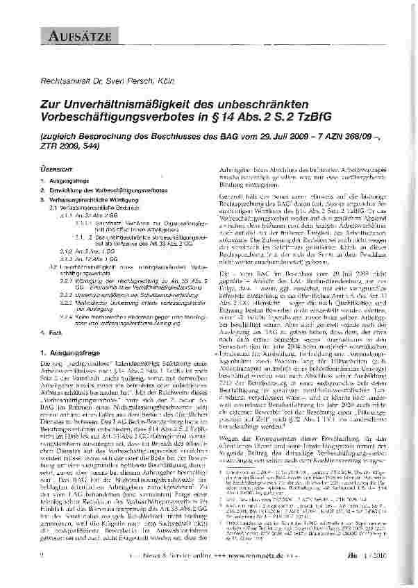 Vorschauseite 1: Zur Unverhältnismäßigkeit des unbeschränkten Vorbeschäftigungsverbotes in § 14 Abs. 2 S.2 TzBfG