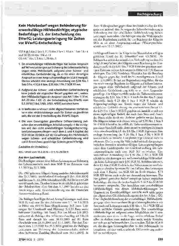 Vorschauseite 1: Kein Mehrbedarf wegen Behinderung für erwerbsfähige Hilfebedürftige; atypische Bedarfslage i.S. der Entscheidung des BVerfG; Leistungserbringung für Zeiten vor BVerfG-Entscheidung