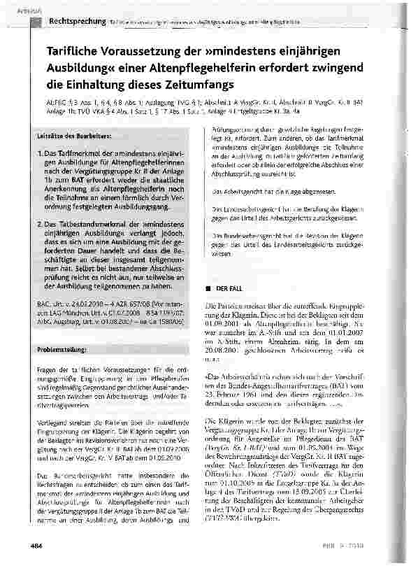 Vorschauseite 1: Tarifliche Voraussetzung der »mindestens einjährigen Ausbildung« einer Altenpflegehelferin erfordert zwingend die Einhaltung dieses Zeitumfangs