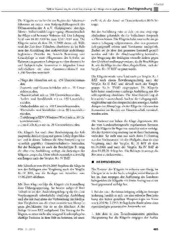 Vorschauseite 2: Tarifliche Voraussetzung der »mindestens einjährigen Ausbildung« einer Altenpflegehelferin erfordert zwingend die Einhaltung dieses Zeitumfangs