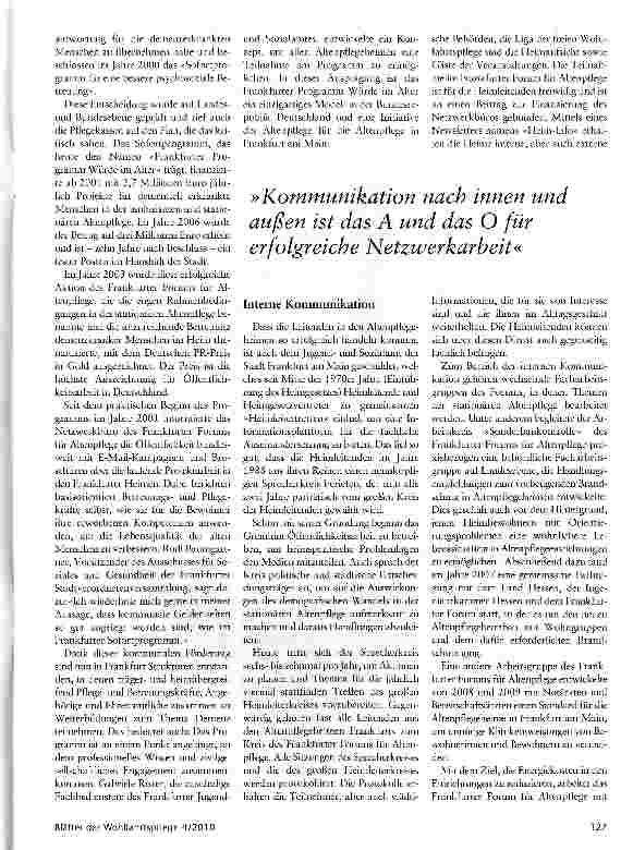 Vorschauseite 2: »Nicht gegeneinander, sondern miteinander arbeiten« Das Frankfurter Forum für Altenpflege ist ein selbständig arbeitendes lokales Pflegenetzwerk von Leitungskräften