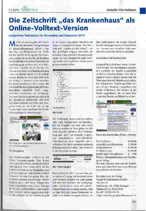 Vorschauseite 1: Die Zeitschrift „das Krankenhaus als Online-Volltext-Version