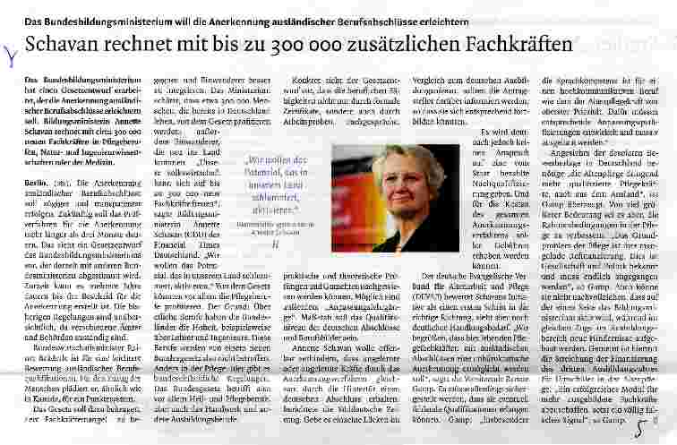 Vorschauseite 1: Schavan rechnet mit bis zu 300 000 zusätzlichen Fachkräften