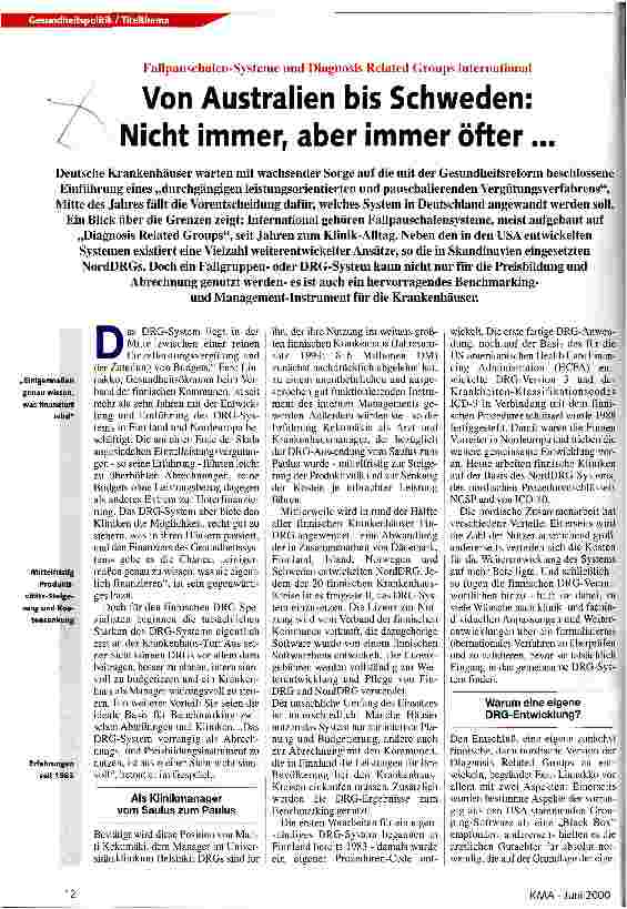 Vorschauseite 1: Von Australien bis Schweden: nicht immer, aber immer öfter Fallpauschalen-Systeme und Diagnosis Related Groups international