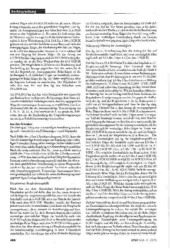 Vorschauseite 2: Antragsbescheidung durch zuständigen Rena-Träger; bindende Weiterleitung; Eingliederungshilfe; internatsmäßige Unterbringung in Förderschule; unzulässige Weiterleitung durch zweit…