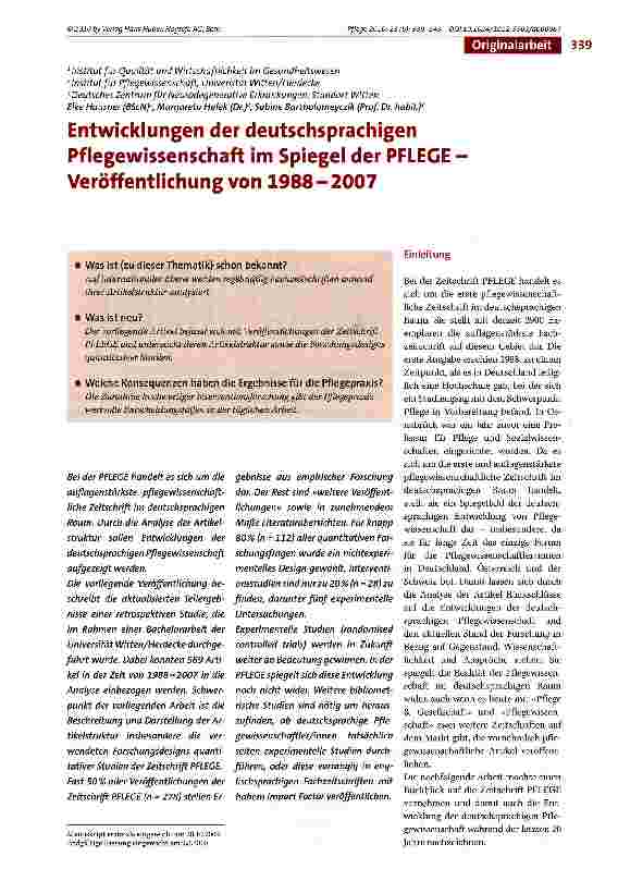 Vorschauseite 1: Entwicklungen der deutschsprachigen Pflegewissenschaft im Spiegel der PFLEGE -Veröffentlichung von 1988-2007