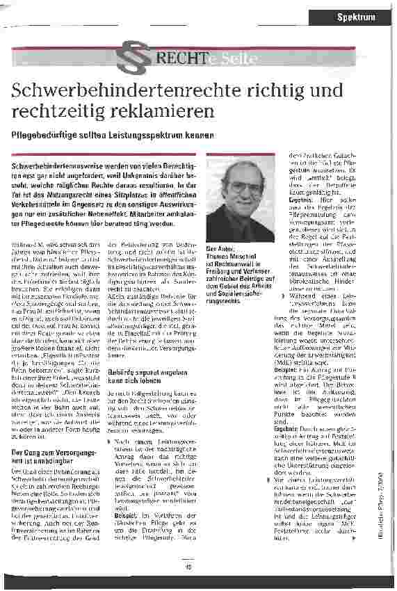 Vorschauseite 1: Schwerbehindertenrechte richtig und rechtzeitig reklamieren Pflegebedürftige sollten Leistungsspektrum kennen