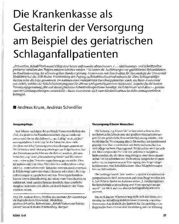 Vorschauseite 1: Die Krankenkasse als Gestalterin der Versorgung am Beispiel des geriatrischen Schlaganfallpatienten