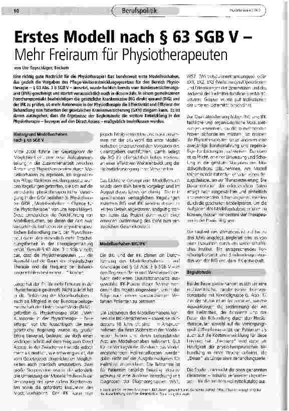 Vorschauseite 1: Erstes Modell nach § 63 SGB V Mehr Freiraum für Physiotherapeuten