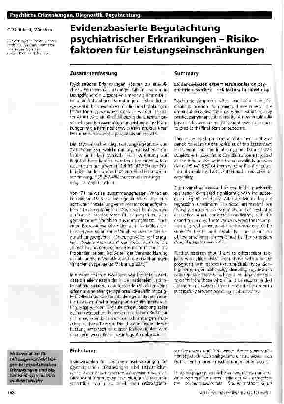 Vorschauseite 1: Evidenzbasierte Begutachtung psychiatrischer Erkrankungen - Risikofaktoren für Leistungseinschränkungen