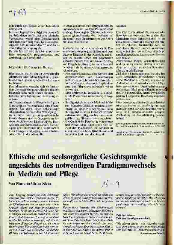 Vorschauseite 1: Ethische und seelsorgerliche Gesichtspunkte angesichts des notwendigen Paradigmawechsels in Medizin und Pflege