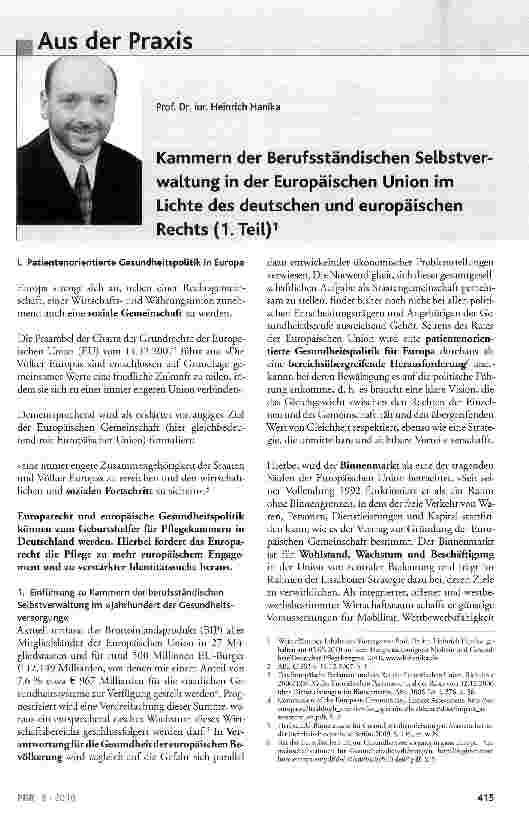 Vorschauseite 1: Kammern der Berufsständischen Selbstverwaltung in der Europäischen Union im Lichte des deutschen und europäischen Rechts (I.Teil)