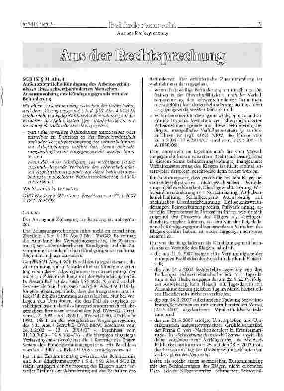 Vorschauseite 1: SGB IX §91 Abs. 4 Außerordentliche Kündigung des Arbeitsverhältnisses eines schwerbehinderten Menschen -Zusammenhang des Kündigungsgrunds mit der Behinderung