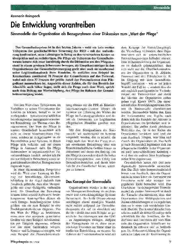 Vorschauseite 1: Die Entwicklung vorantreiben Sinnmodelle der Organisation als Bezugsrahmen einer Diskussion zum Wert der Pflege