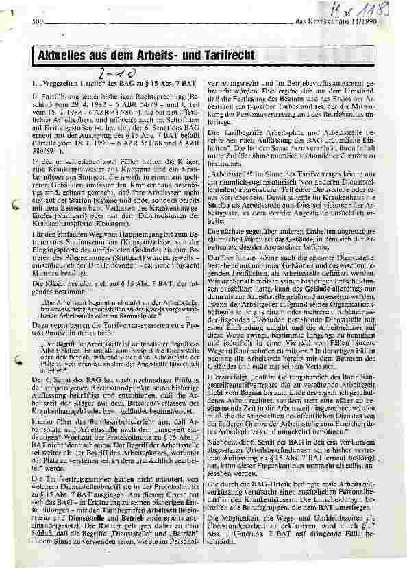 Vorschauseite 1: Wegezeiten-Urteile des BAG zu Paragraph 15 Abs. 7 BAT
