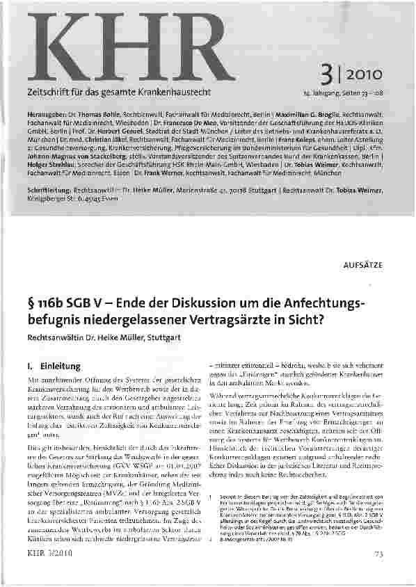 Vorschauseite 1: § 116b SGB V - Ende der Diskussion um die Anfechtungsbefugnis niedergelassener Vertragsärzte in Sicht?