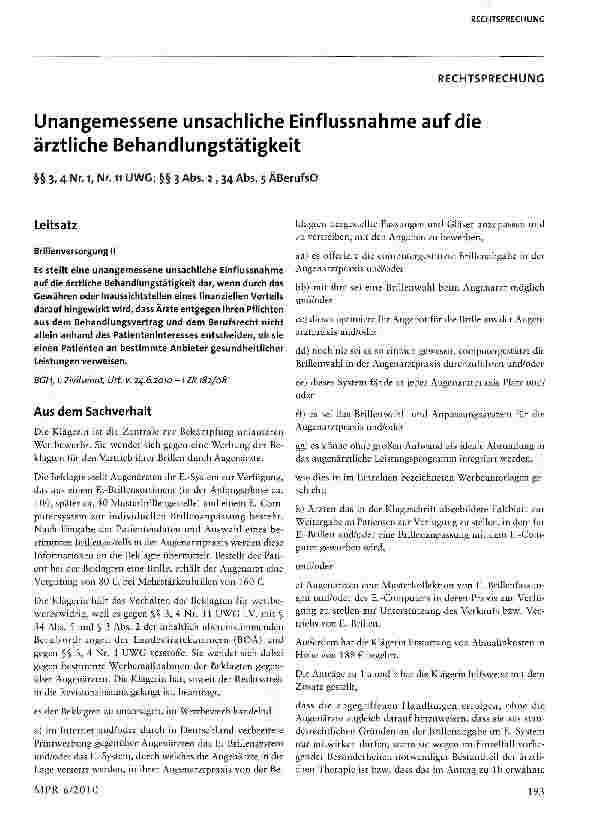 Vorschauseite 1: Unangemessene unsachliche Einflussnahme auf die ärztliche Behandlungstätigkeit§§ 3, 4 Nr. 1, Nr. n UWG; §§ 3 Abs. 2 , 34 Abs. 5 ÄBerufsO