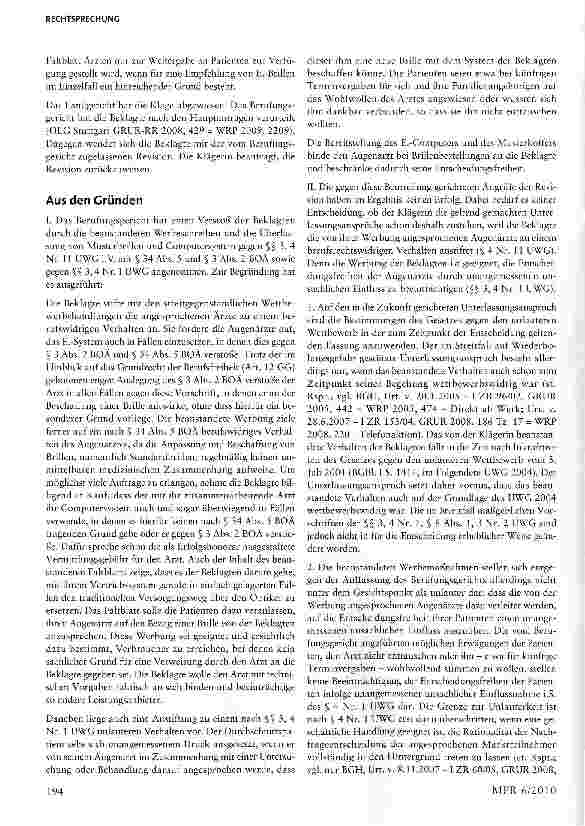 Vorschauseite 2: Unangemessene unsachliche Einflussnahme auf die ärztliche Behandlungstätigkeit§§ 3, 4 Nr. 1, Nr. n UWG; §§ 3 Abs. 2 , 34 Abs. 5 ÄBerufsO