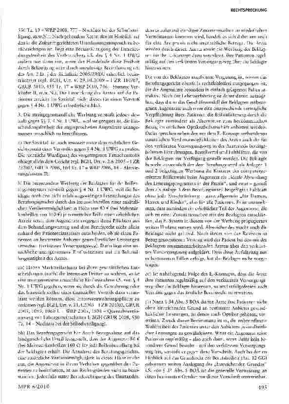 Vorschauseite 3: Unangemessene unsachliche Einflussnahme auf die ärztliche Behandlungstätigkeit§§ 3, 4 Nr. 1, Nr. n UWG; §§ 3 Abs. 2 , 34 Abs. 5 ÄBerufsO