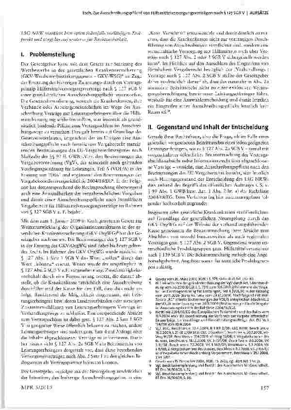 Vorschauseite 2: Zur Ausschreibungspflicht von Hilfsmittelversorgungsverträgen nach § 127 SGB V- Anmerkung zum Beschluss des LSG NRW vom 14.4.2010 - L 21 KR 69/09 SFB