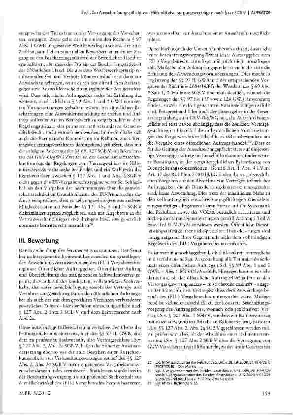 Vorschauseite 4: Zur Ausschreibungspflicht von Hilfsmittelversorgungsverträgen nach § 127 SGB V- Anmerkung zum Beschluss des LSG NRW vom 14.4.2010 - L 21 KR 69/09 SFB