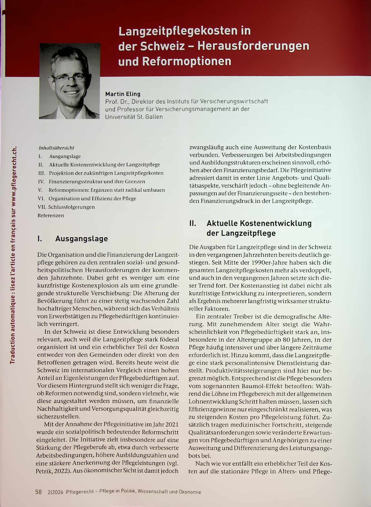 Vorschauseite 1: Langzeitpflegekosten in der Schweiz - Herausforderungen und Reformoptionen