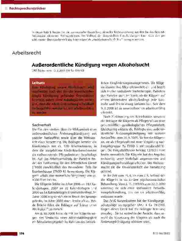 Vorschauseite 1: Äußerordentliche Kündigung wegen Älkoholsucht