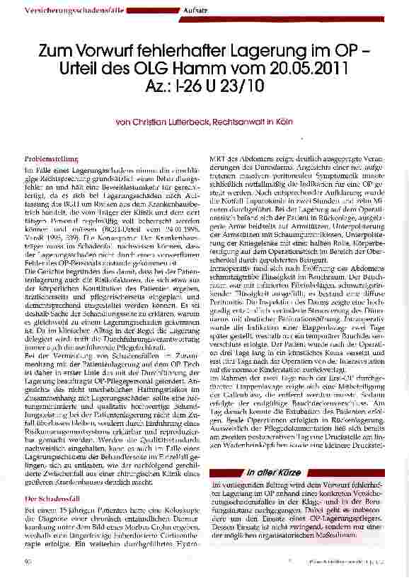 Vorschauseite 1: Zum Vorwurf fehlerhafter Lagerung im OP Urteil des OLG Hamm vom 20.05.2011 Az.: 1-26 U 23/10