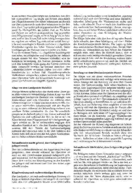 Vorschauseite 2: Zum Vorwurf fehlerhafter Lagerung im OP Urteil des OLG Hamm vom 20.05.2011 Az.: 1-26 U 23/10