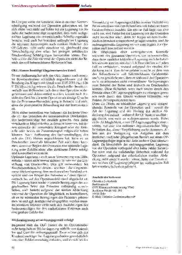 Vorschauseite 3: Zum Vorwurf fehlerhafter Lagerung im OP Urteil des OLG Hamm vom 20.05.2011 Az.: 1-26 U 23/10