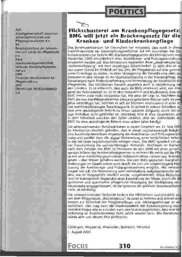 Vorschauseite 1: Flickschusterei am Krankenpflegegesetz BMG will jetzt ein Brückengesetz für die Krankenund Kinderkrankenpflege