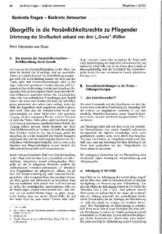 Vorschauseite 1: Übergriffe in die Persönlichkeitsrechte zu Pflegender Erörterung der Strafbarkeit anhand von drei (Grenz-)Fällen