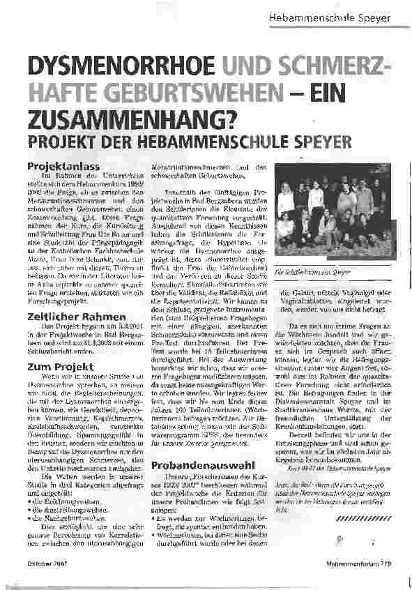 Vorschauseite 1: DYSMENORRHOE UND SCHMERZHAFTE GEBURTSWEHEN - EIN ZUSAMMENHANG?PROJEKT DER HEBAMMENSCHULE SPEYER