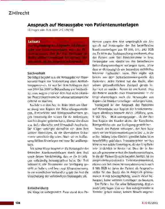 Vorschauseite 1: Anspruch auf Herausgabe von Patientenunterlagen LG Hagen vom 11.8.2010 (2 0 170/10)