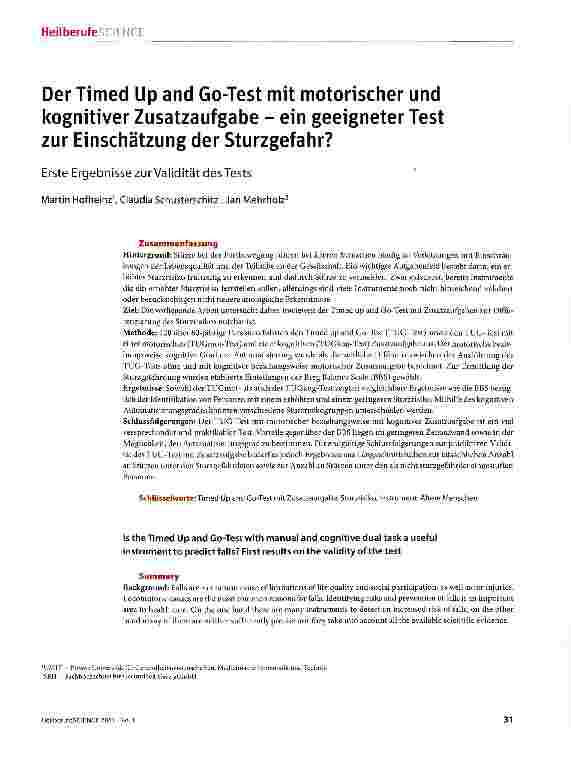 Vorschauseite 1: Der Timed Up and Go-Test mit motorischer und kognitiver Zusatzaufgabe - ein geeigneter Test zur Einschätzung der Sturzgefahr?