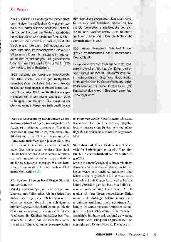 Vorschauseite 2: „Man kann sich das Alter nicht vorstellen - man erlebt es. Interview mit der Psychoanalytikerin Margarete Mitscherlich