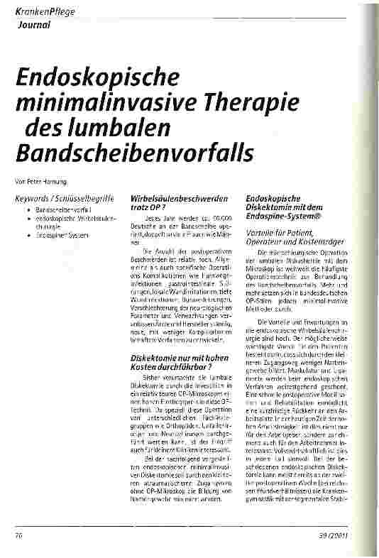 Vorschauseite 1: Endoskopische minimalinvasive Therapie des lumbalen Bandscheibenvorfalls