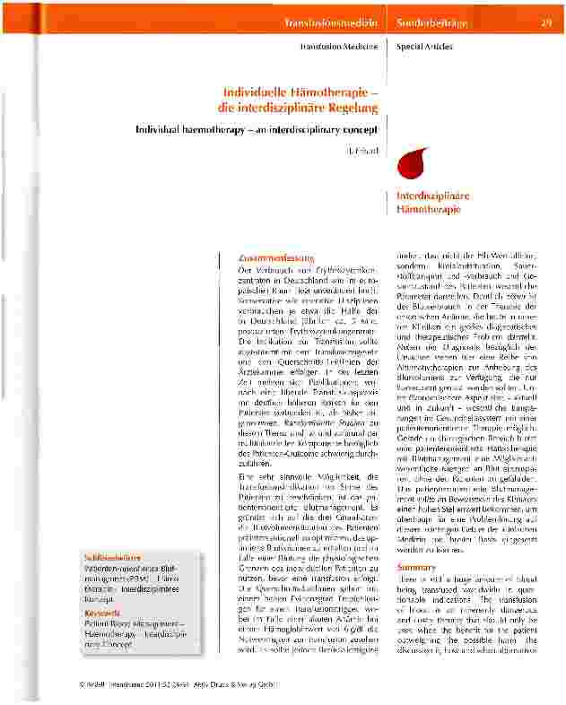 Vorschauseite 1: Individuelle Hämotherapie -die interdisziplinäre Regelung