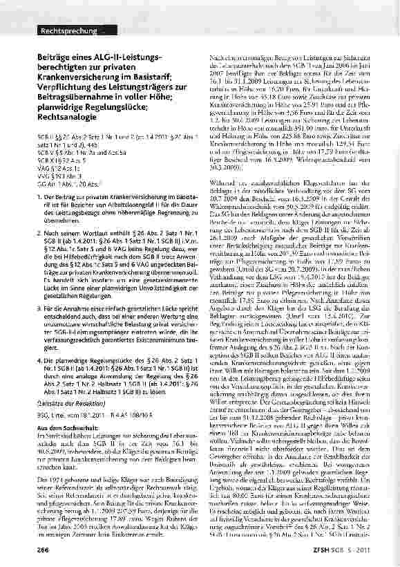 Vorschauseite 1: Beiträge eines ALG-Il-Leistungs-berechtigten zur privaten Krankenversicherung im Basistarif; Verpflichtung des Leistungsträgers zur Beitragsübernahme in voller Höhe; planwidrige R…