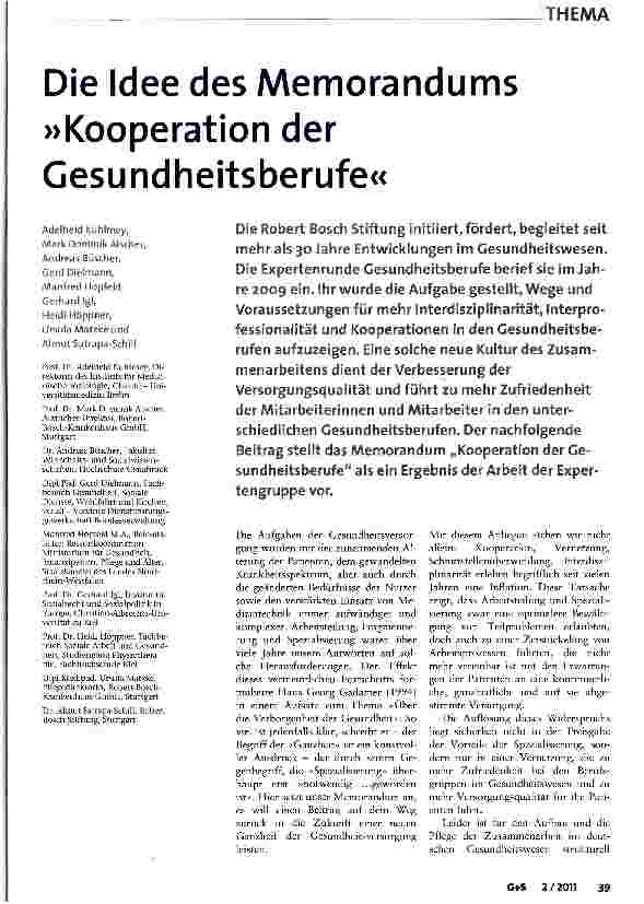 Vorschauseite 1: Die Idee des Memorandums »Kooperation der Gesundheitsberufe«