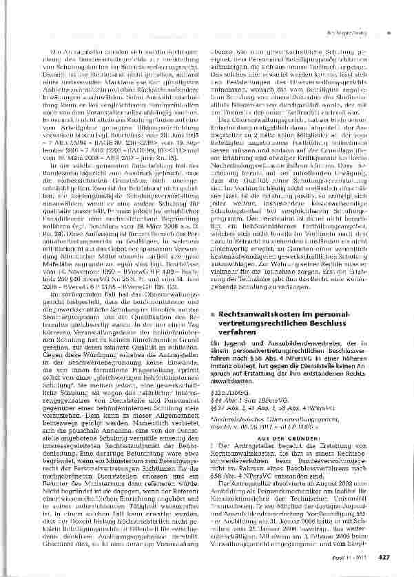 Vorschauseite 1: Rechtsanwaltskosten im personal-vertretungsrechtlichen Beschlussverfahren