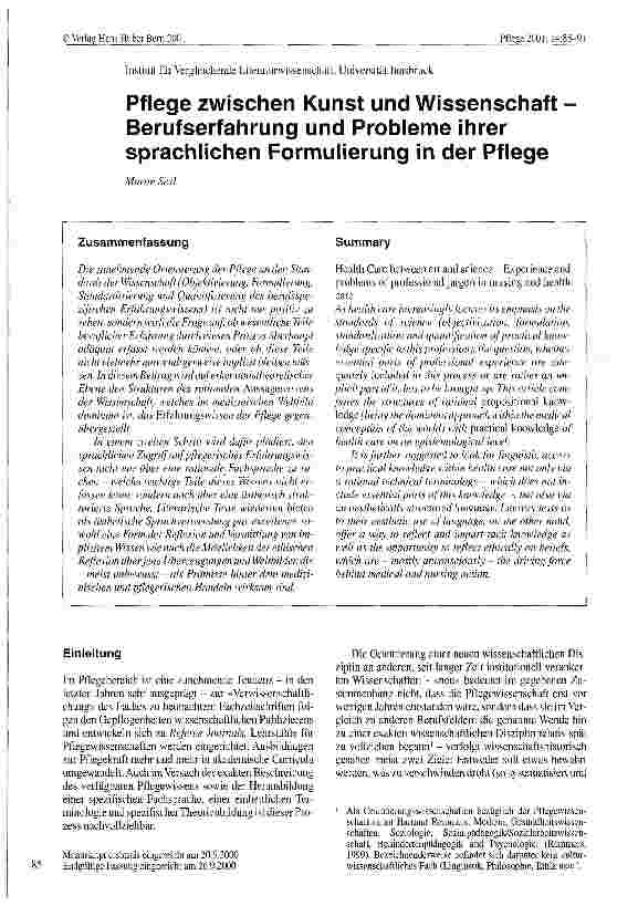 Vorschauseite 1: Pflege zwischen Kunst und Wissenschaft - Berufserfahrung und Probleme ihrer sprachlichen Formulierung in der Pflege