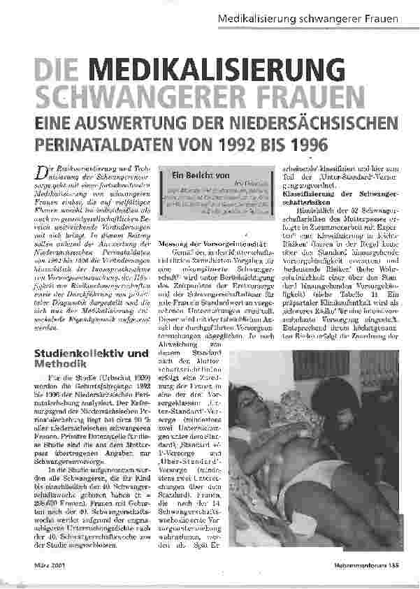Vorschauseite 1: DIE MEDIKALISIERUNG SCHWANGERER FRAUENEINE AUSWERTUNG DER NIEDERSÄCHSISCHEN PERINATALDATEN VON 1992 BIS 1996